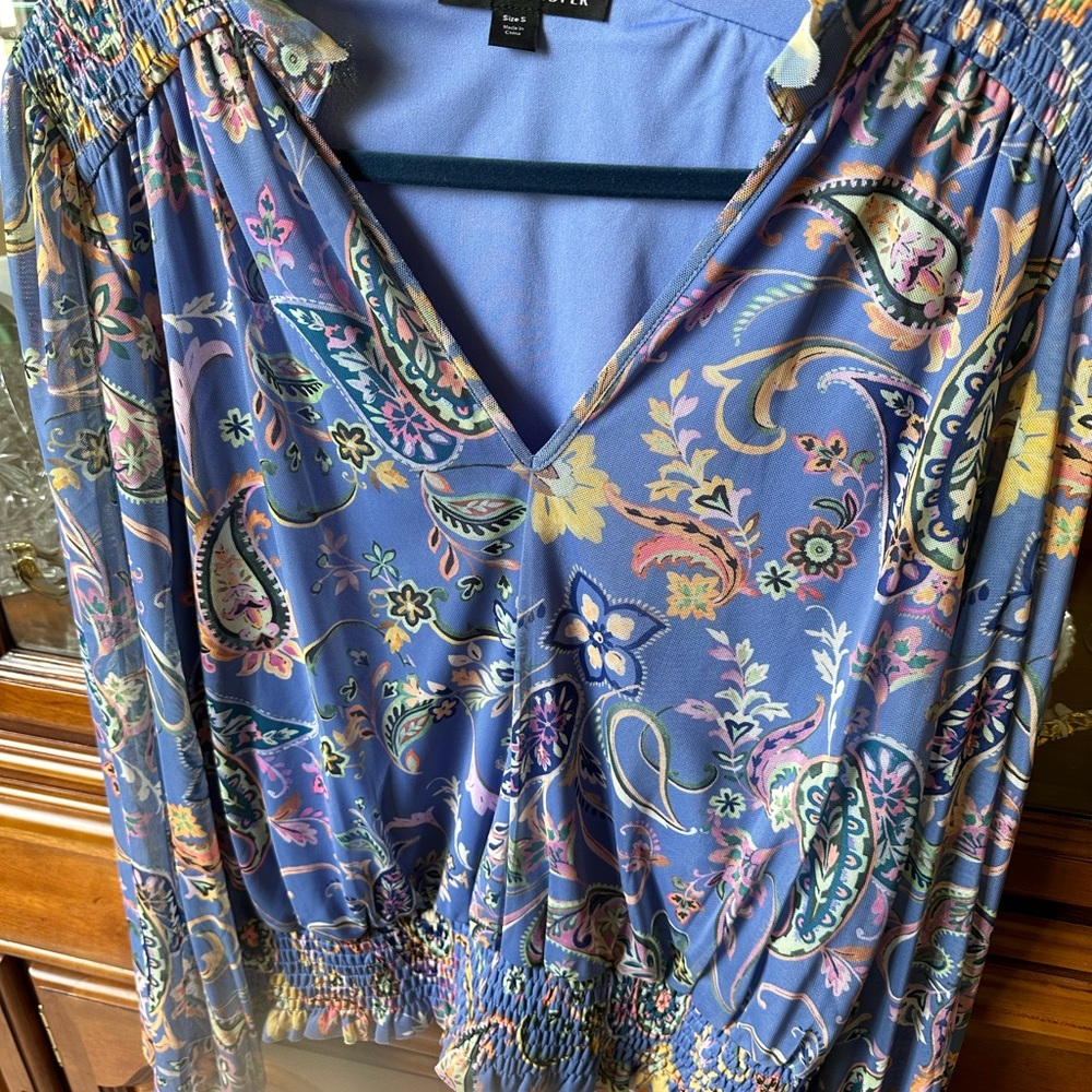 Chic Paisley Mesh Smocked Blouson Blue Multi. Flattering great with jeans!